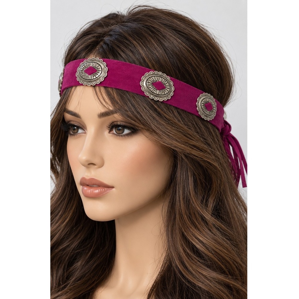 Boho Western Southwestern Magenta Concho Tie Headband Festival Hair Wrap